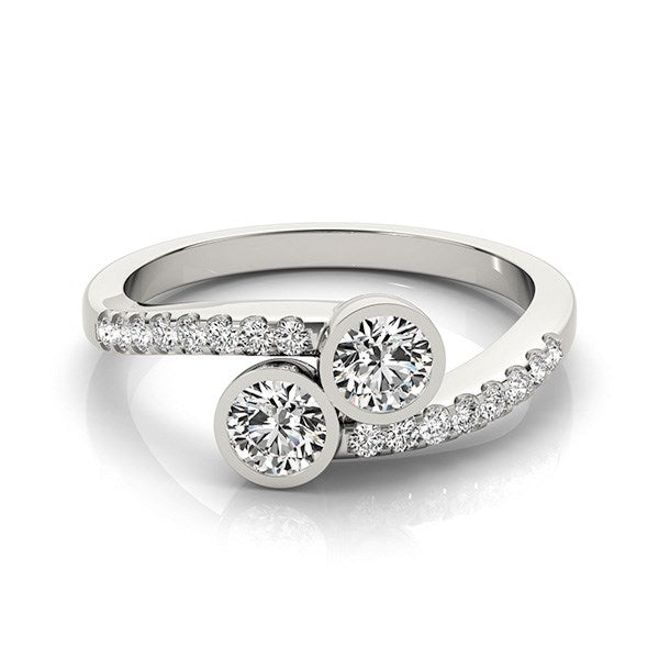 14K White Gold Two Stone Diamond Ring with Round Bezel Setting