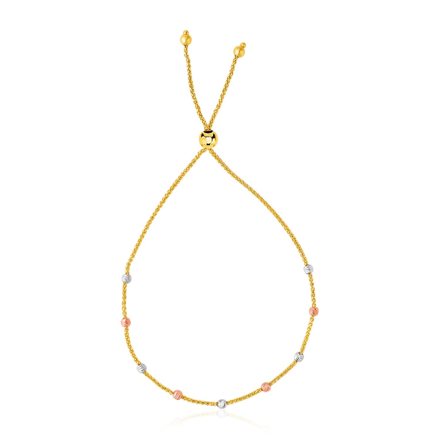 14K Tri-Color Gold Bead Bracelet, Adjustable Chain