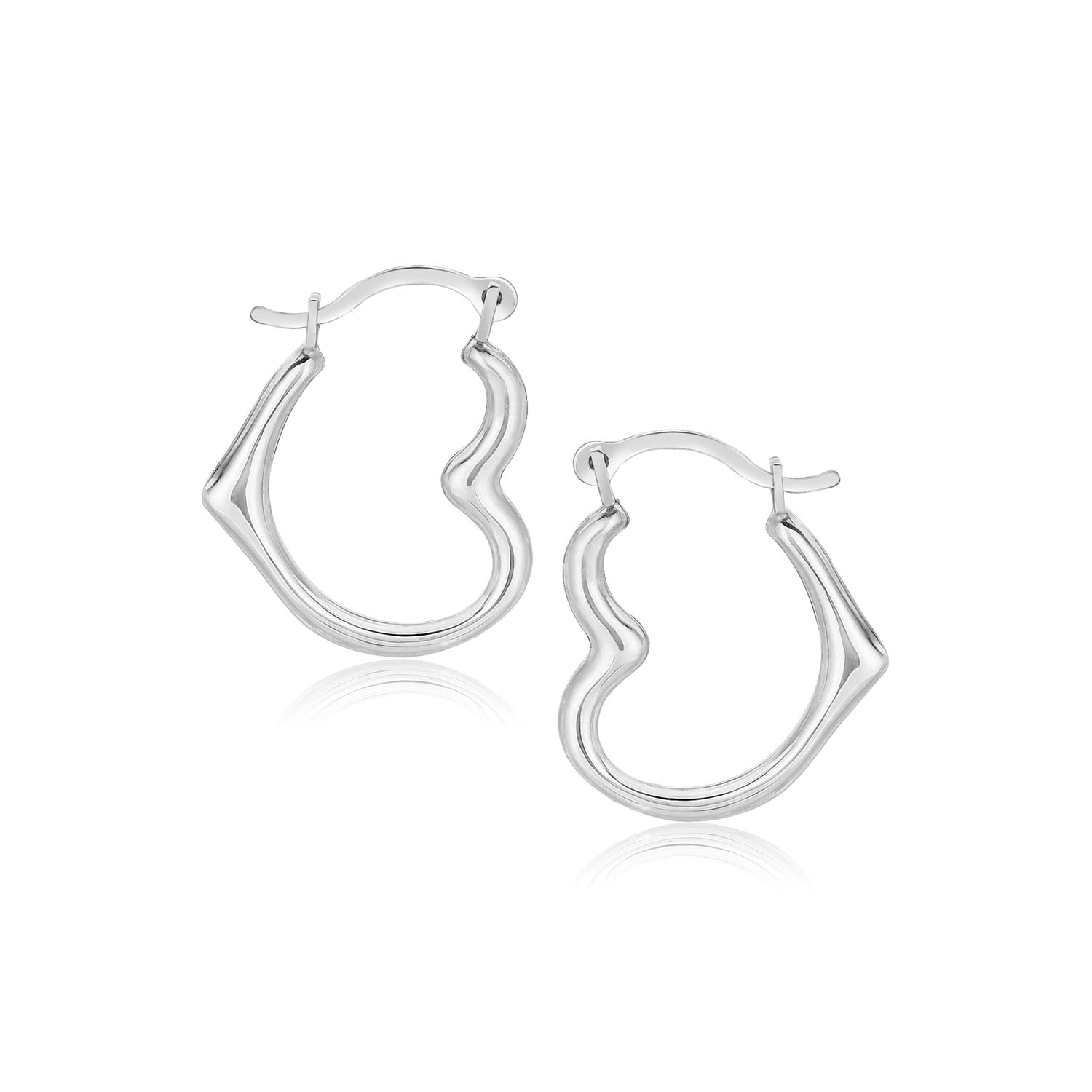 10K White Gold Heart Hoop Earrings with secure snap lock.