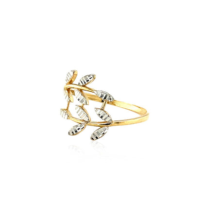 14k Two Tone Gold Crossover Ring with Textured Leaves(1.50 mm)