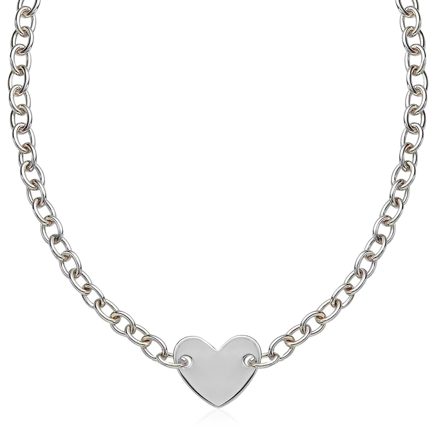 Sterling Silver Rhodium Plated Chain Bracelet with a Flat Heart Motif Station