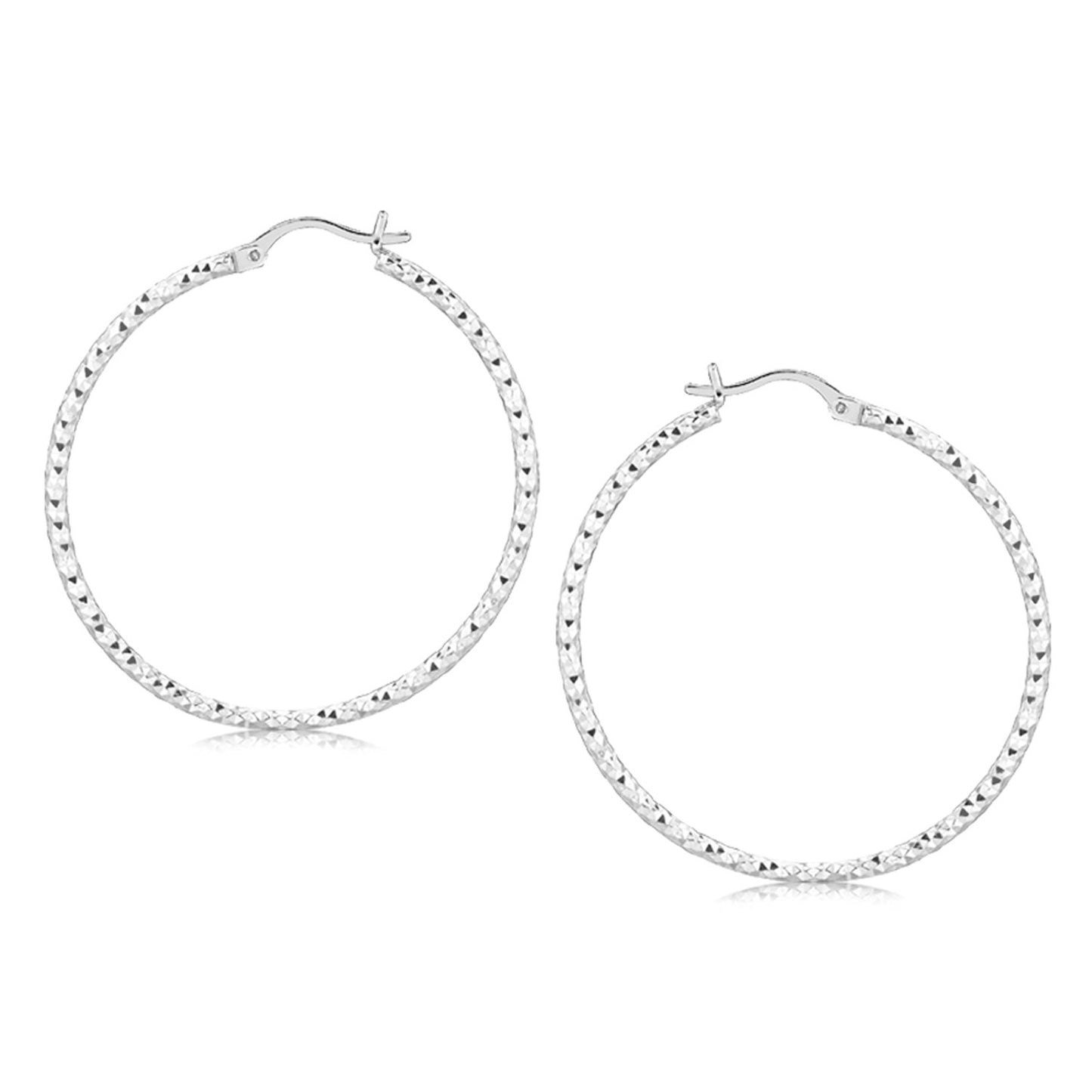 Sterling Silver Rhodium Plated Large Faceted Style Hoop Earrings(2x40mm)