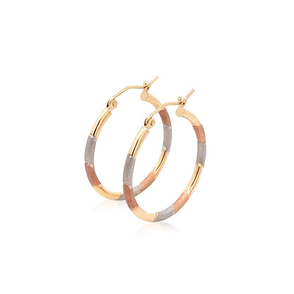 14k Tri-Color Textured Hoop Earrings (2x22mm)