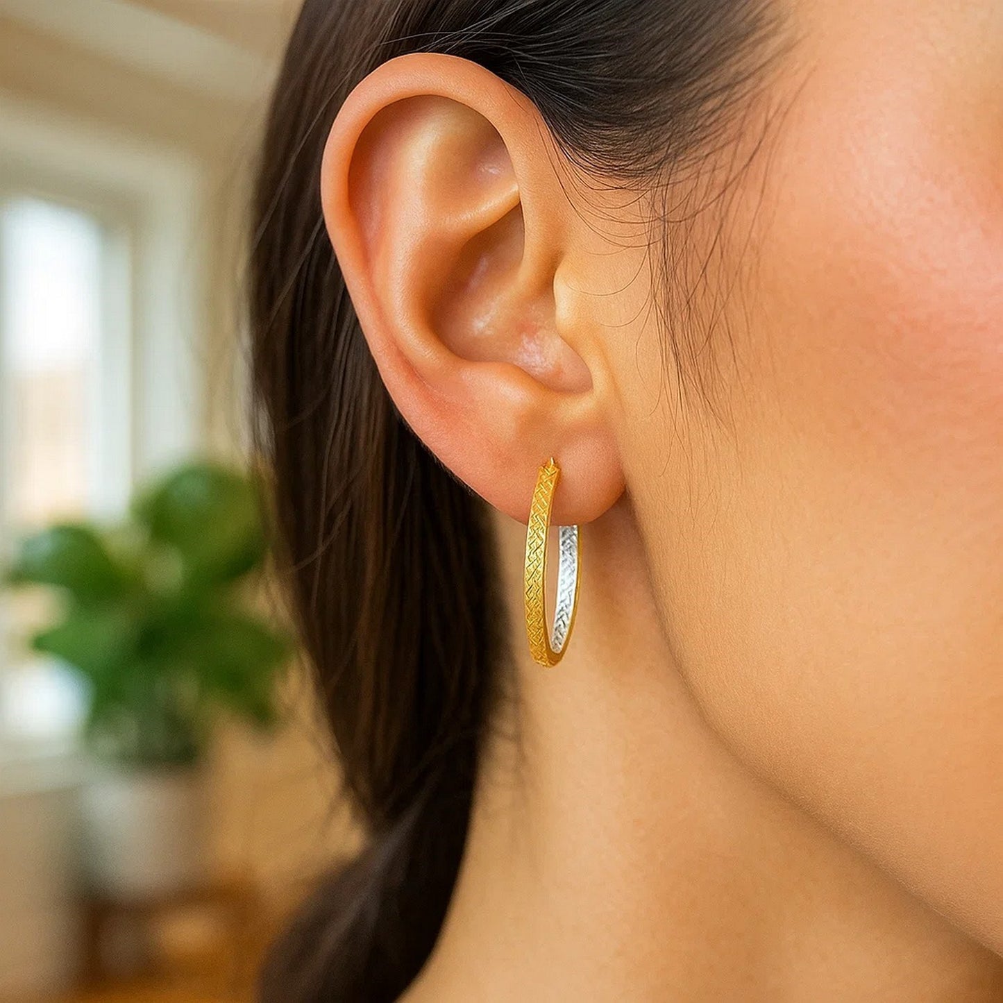 14K TwoTone Yellow and White Gold Petite Patterned Hoop Earrings(3x25mm)