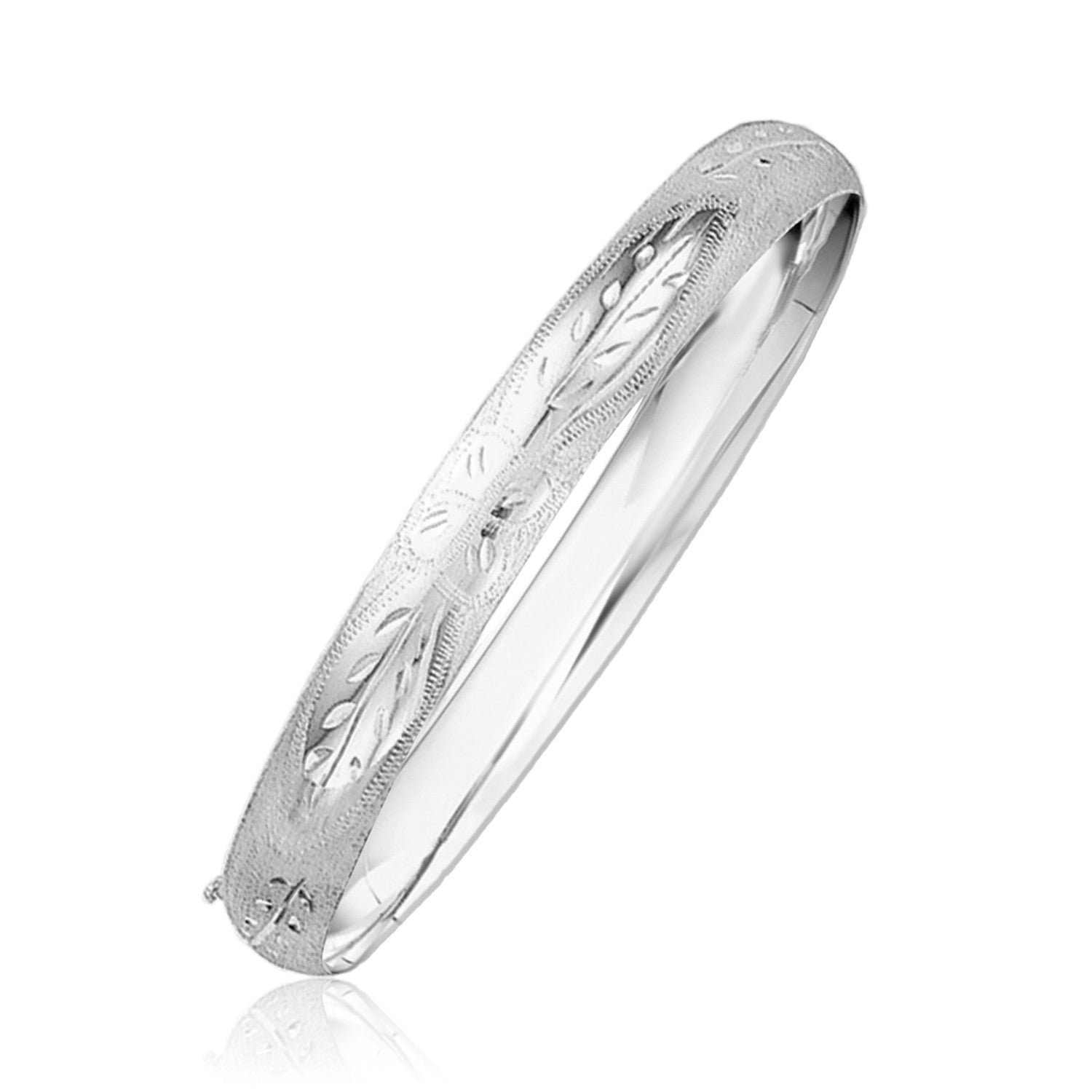 14K White Gold Bangle Bracelet, Floral Carved, 8mm Wide