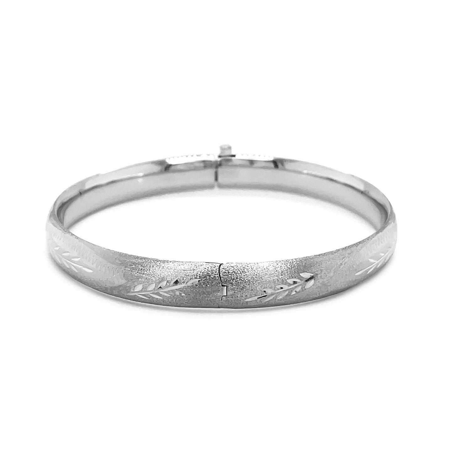 14K White Gold Bangle Bracelet, Floral Carved, 8mm Wide