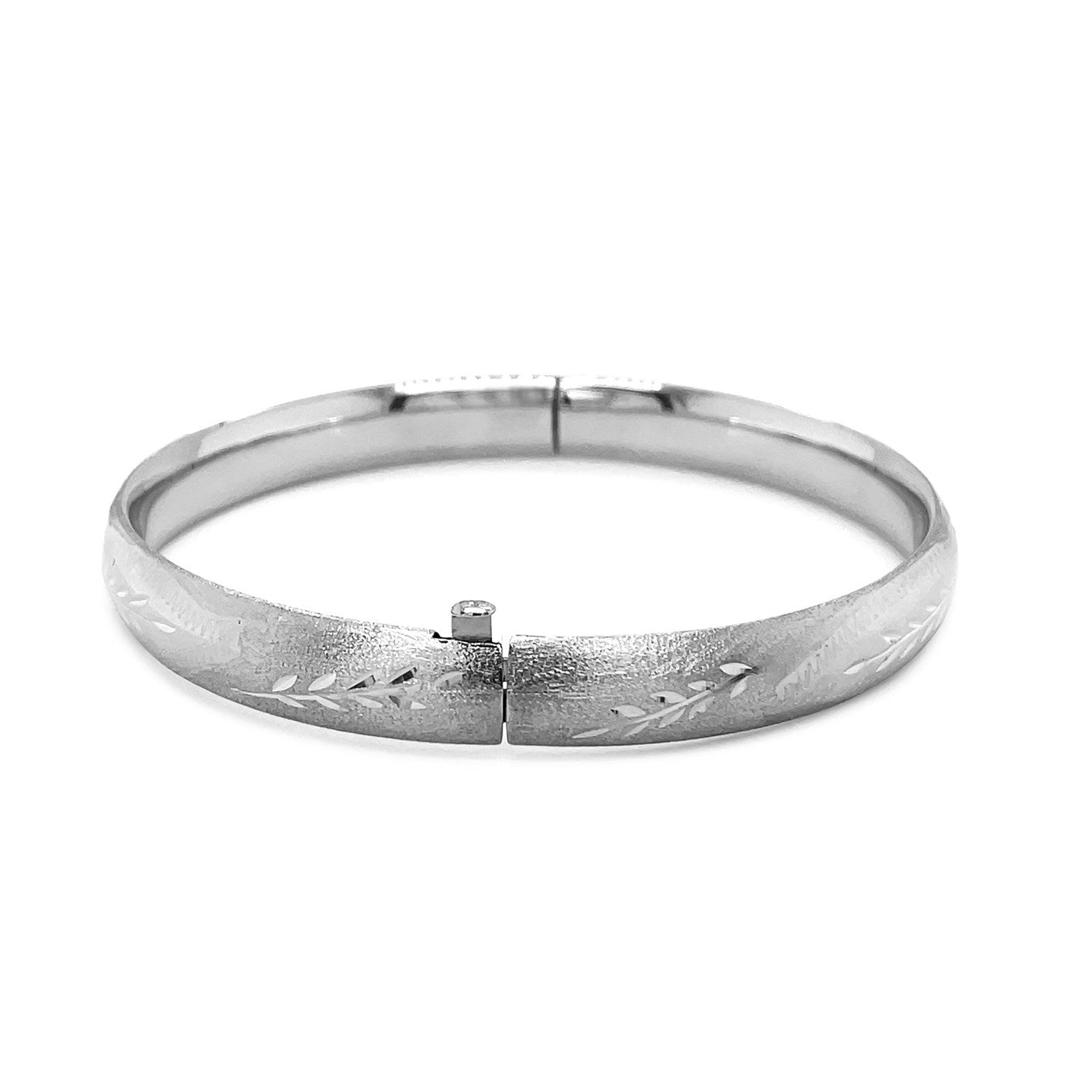 14K White Gold Bangle Bracelet, Floral Carved, 8mm Wide