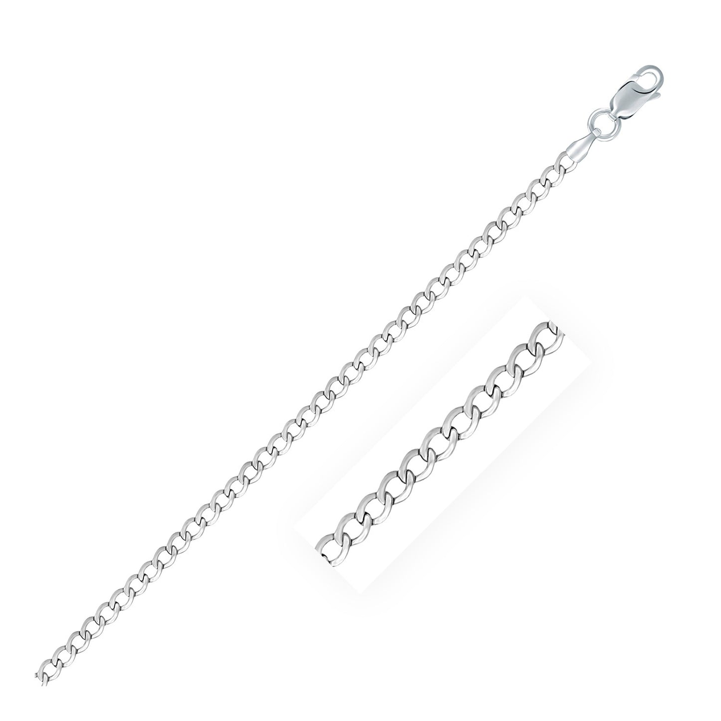 Rhodium Plated Sterling Silver Curb Style Chain (3.00 mm)