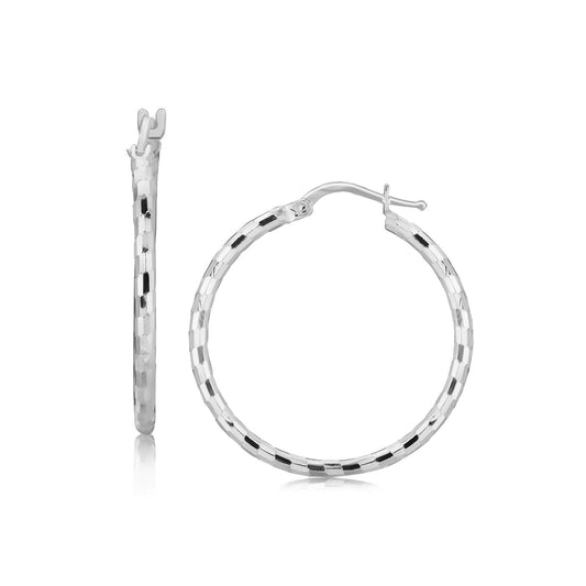 Sterling Silver Hoop Design Diamond Cut Earrings with Rhodium Plating (2x26mm)