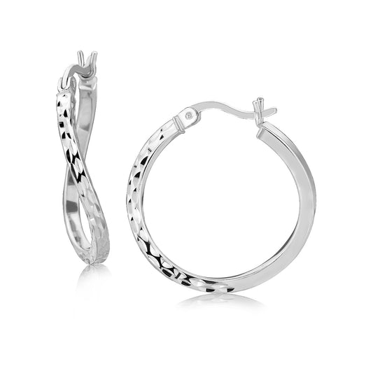 Sterling Silver Rhodium Plated Twist Style Hoop Diamond Cut Earrings (2x20mm)