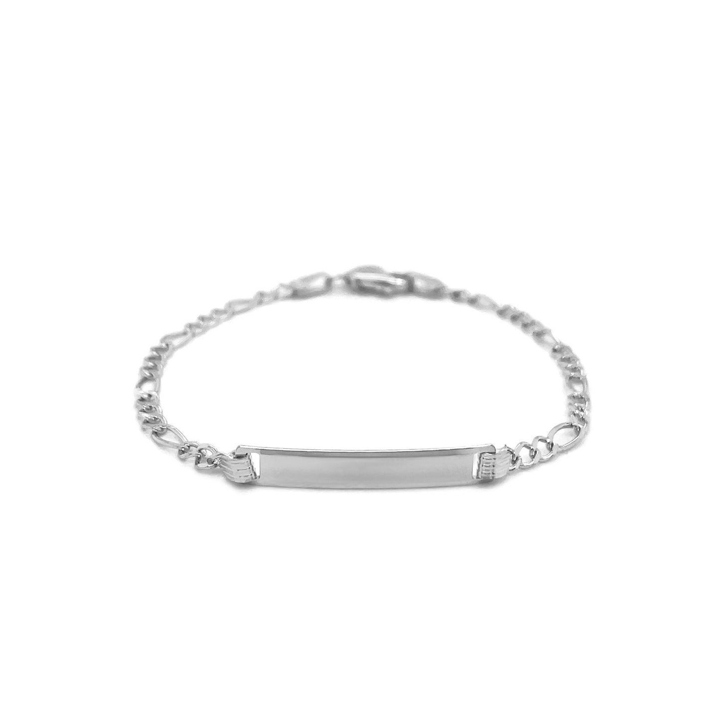 14k White Gold Figaro Chain Fancy Childrens ID Bracelet (3.30 mm)