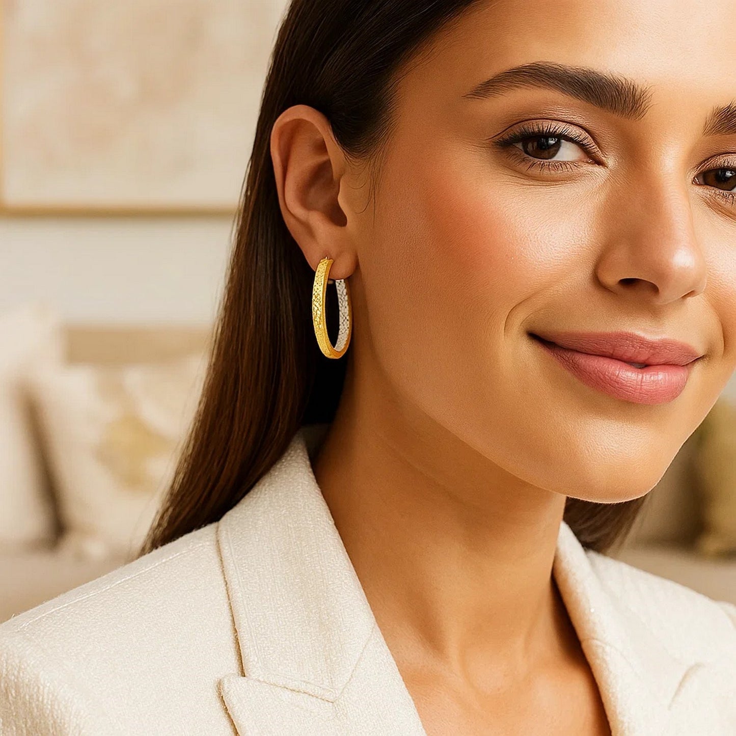 10K TwoTone Yellow and White Gold Petite Patterned Hoop Earrings(3x25mm)