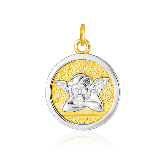 14k Two Tone Gold Round Angel Medal Pendant