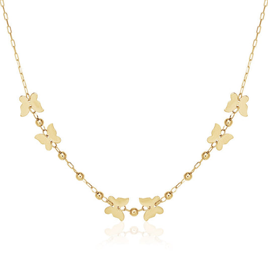 14k Yellow Gold 18 inch Necklace with Polished Butterflies and Beads