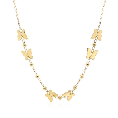 14k Yellow Gold 18 inch Necklace with Polished Butterflies and Beads