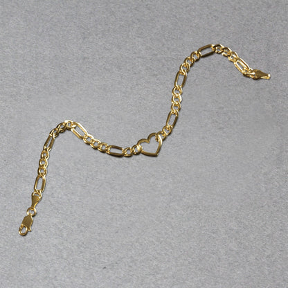 14k Yellow Gold 7 inch Figaro Chain Bracelet with Heart (4.50 mm)