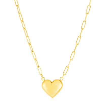 14k Yellow Gold Paperclip Chain Necklace with Puffed Heart