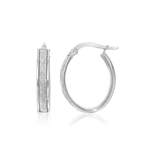 14k White Gold Glitter Center Oval Hoop Earrings(4x15mm)