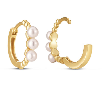 14k Yellow Gold Pearl Huggie Earrings