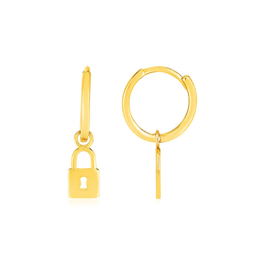 14k Yellow Gold Huggie Style Hoop Earrings with Padlock Drops