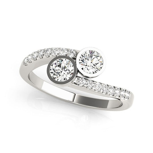 14K White Gold Two Stone Diamond Ring with Round Bezel Setting