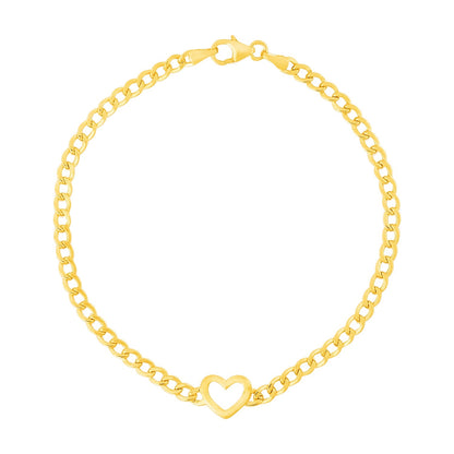 14k Yellow Gold 7 inch Curb Chain Bracelet with Heart (3.40 mm)