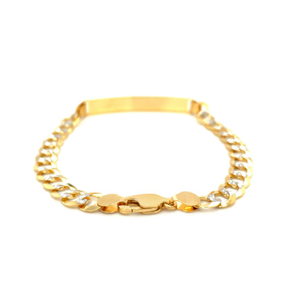 14k Two Tone Gold Mens Narrow Curb Chain ID Bracelet with White Pave (6.70 mm)