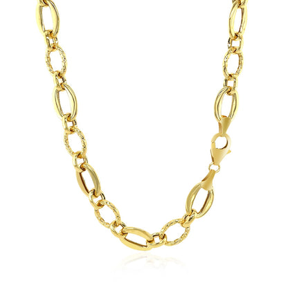 Shiny and Textured Oval Link Necklace in 14k Yellow Gold