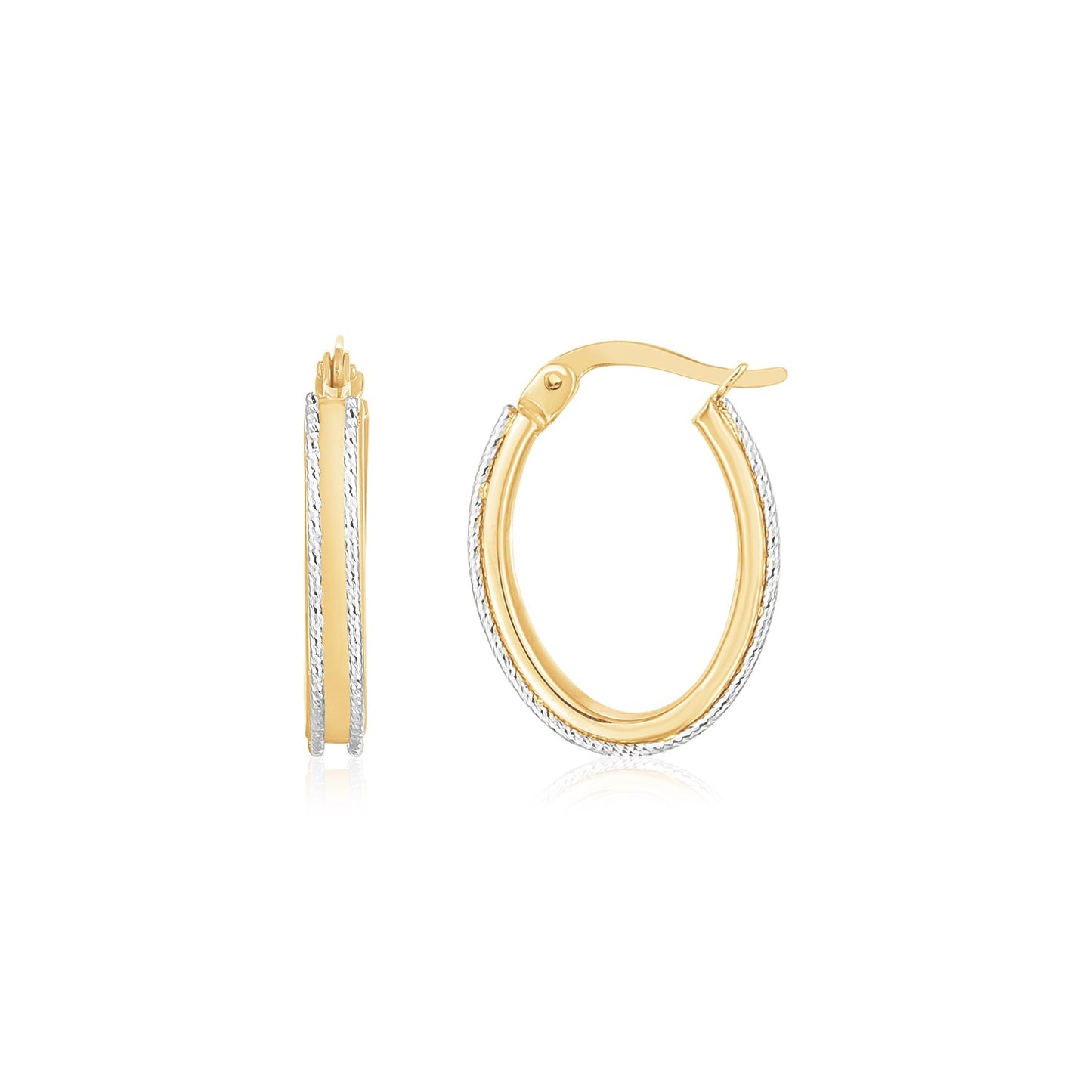 14K Two Tone Gold Diamond Cut Oval Hoop Earrings