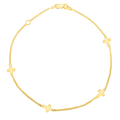 14k Yellow Gold Polished Station Cross Anklet (1.00 mm)