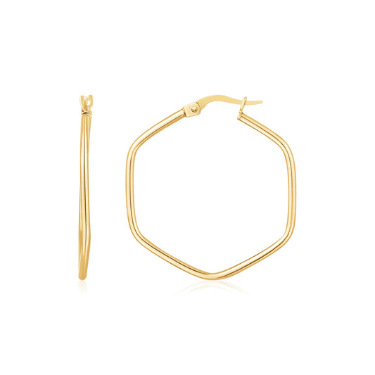 14K Yellow Gold Hexagon Hoop Rounded Edge Earrings