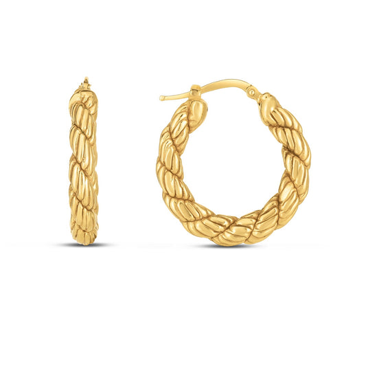 14K Yellow Gold Rope Hoop Earrings with Hinged Snap Back