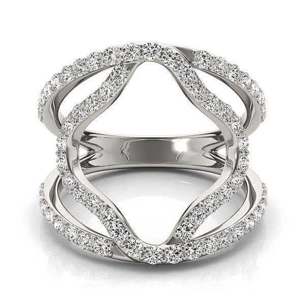 14K white gold diamond ring with floral dual-band design.