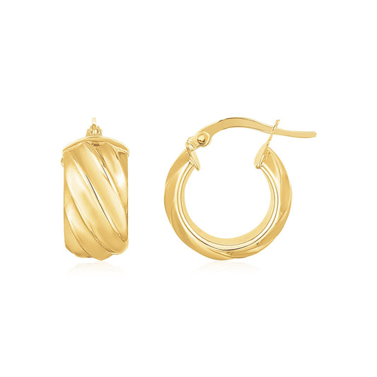 14K Yellow Gold Ribbed Hoop Earrings Wide