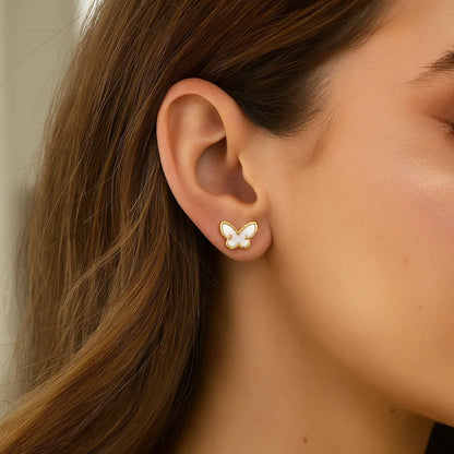 14K Yellow Gold Mother of Pearl Butterfly Stud Earrings
