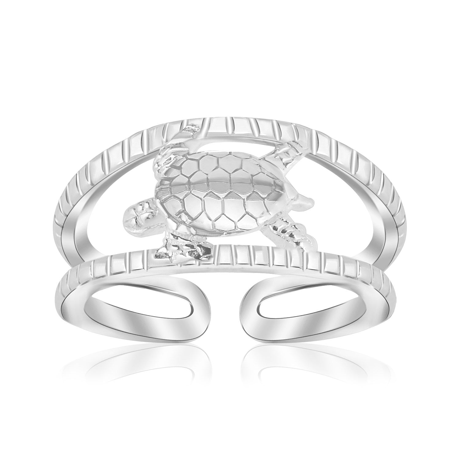 Sterling silver toe ring with rhodium plating & turtle design.