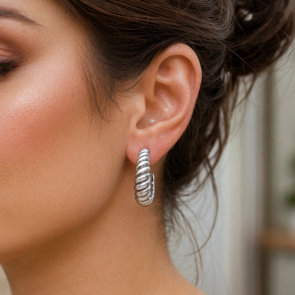 Sterling Silver Rhodium Plated Large Ribbed Twisted Hoop Earrings