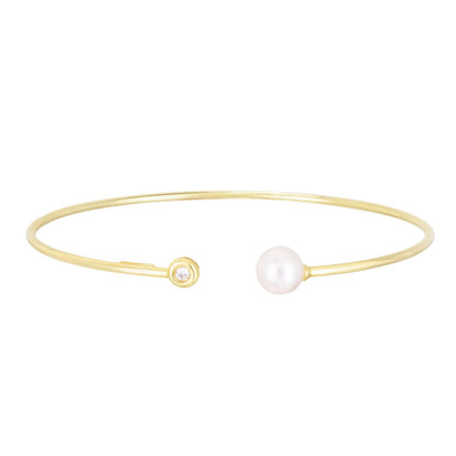 14k Yellow Gold Cuff Bangle with Pearl and Diamond (3.00 mm)