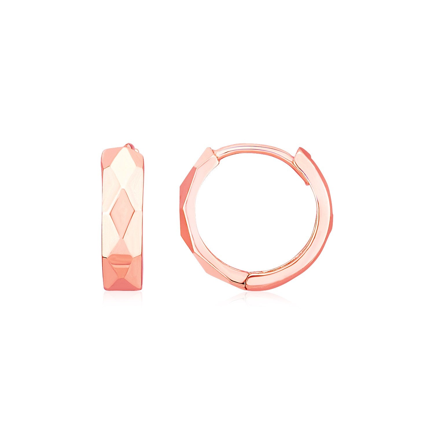 14K Rose Gold Huggie Hoop Earrings with Faceted Diamond Motif