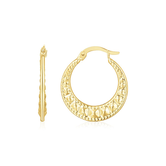 14K Yellow Gold Puffed Hoop Earrings with Textured Finish