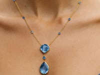 14k Yellow Gold Necklace with Pear-Shaped and Cushion Blue Topaz Briolettes